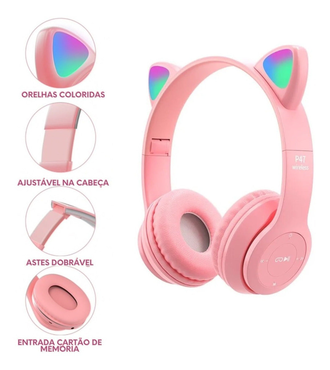 Fone De Ouvido Sem Fio Bluetooth Orelha Gatinho Infantil Led - Prestigieh 