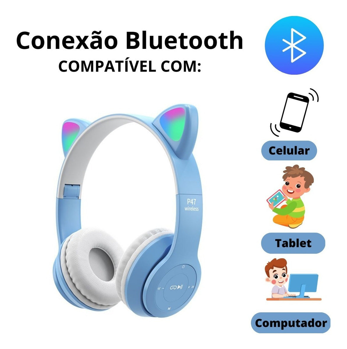 Fone De Ouvido Sem Fio Bluetooth Orelha Gatinho Infantil Led - Prestigieh 