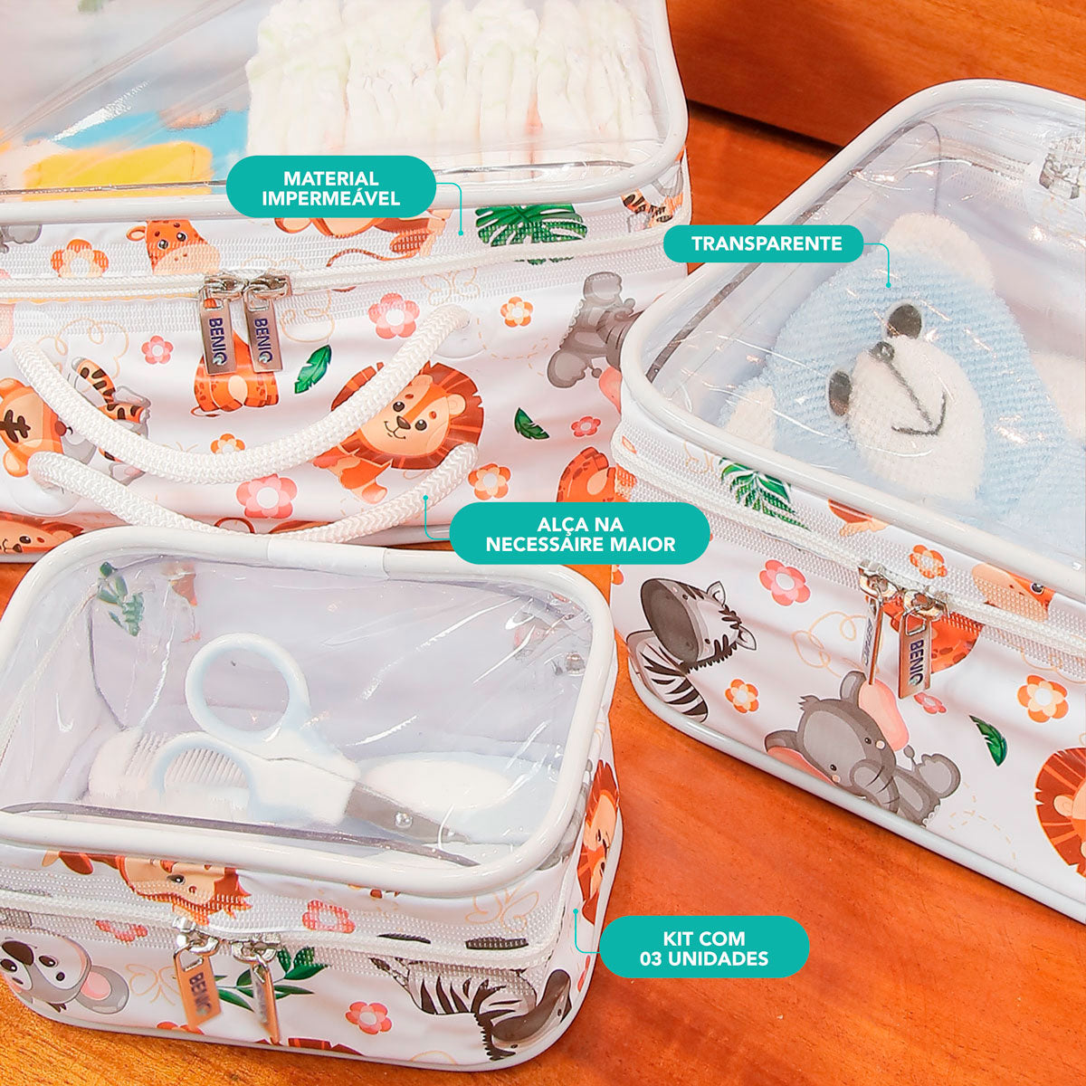 Kit 3 Pçs Necessaries Bebê e Infantil Impermeáveis com Zíper